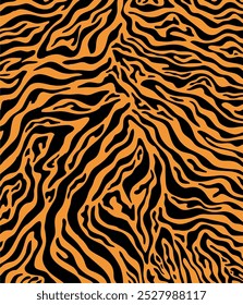 Patrón de textura de piel de tigre sin fisuras que repiten los animales de la jungla de la raya naranja amarilla negra. Ilustración vectorial. Objeto aislado. Patrón sin fisuras. Diseño plano de dibujos animados.