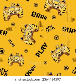 Tiger gamepad cartoon character seamless pattern on yellow background with digital dots, text Play, super, new level. Cartoon kids repeat print with gamepads. Wildlife robotically character