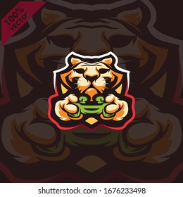 Tiger Gamer holding Game-pad Joystick. Mascot logo design modern illustration concept style for badge, emblem, tshirt printing. Gamer illustration for esport team. Scalable and editable Vector.