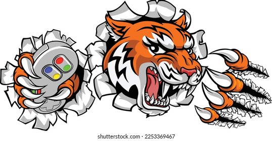 A tiger gamer player cartoon animal sports mascot holding a video game controller in its claw