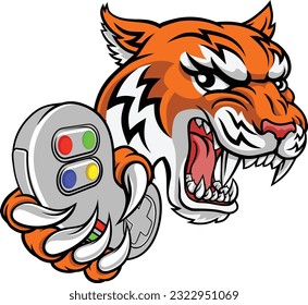 A tiger gamer player cartoon animal sports mascot holding a video game controller in its claw