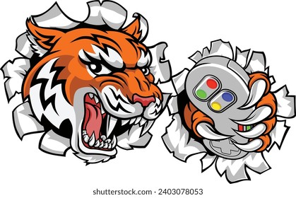 A tiger gamer player cartoon animal sports mascot holding a video game controller in its claw