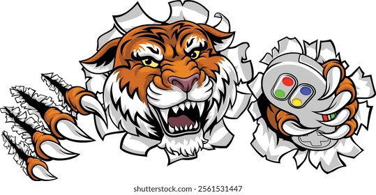 A tiger gamer with video game controller sports team animal mascot