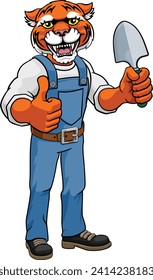 A tiger gardener cartoon gardening animal mascot holding a garden spade tool and giving a thumbs up