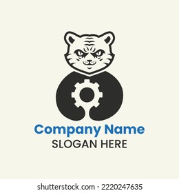 Plantilla de vectores de concepto de espacio negativo con el logotipo del engranaje del tigre. Símbolo del engranaje de sujeción del pantano