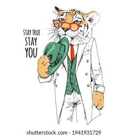 Tiger in the gentleman clothes, bow tie and with the top hat. Humor card, t-shirt composition, hand drawn style print. Vector illustration.