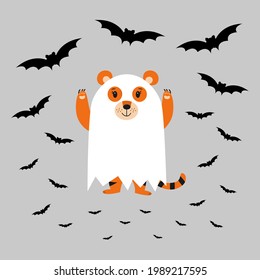 Tiger in a ghost costume. There are bats around. Halloween concept. Year of the tiger. Symbol of 2022. Flat vector illustration. Cartoon style.