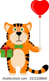 A tiger with a gift and a balloon. Vector Valentine's day greetings.