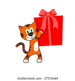Tiger with a gift on a white background