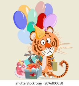 tiger with gifts balloons and cake