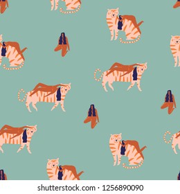 Tiger and girl hugging seamless pattern. Romantic illustration in vector.