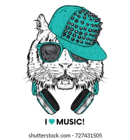 Tiger in glasses, a cap and headphones. Vector illustration. The animal is a hipster. Music, fashion and style. Print on clothes, postcard and printed products.