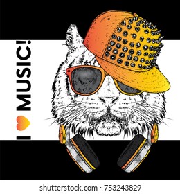 Tiger in glasses, a cap and headphones. Vector illustration. The animal is a hipster. Music, fashion and style. Print on clothes, postcard and printed products.