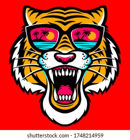 Tiger with glasses view beach vector