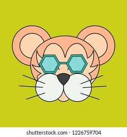 Tiger with glasses.Face isolated animal for decoration. Children's drawing. Delicate colors.
