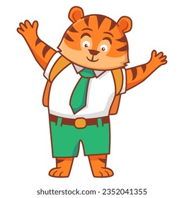 A Tiger going to school.Cute tiger cub schoolboy cartoon character.Kid kawaii tropical animal go to school.Isolated on white background.Line art vector illustration.