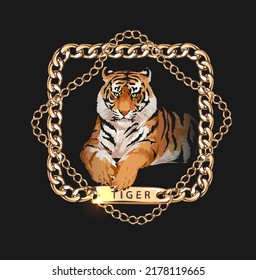 tiger in gold chrome chain lace frame vector illustration on black background