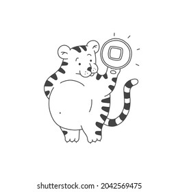 Tiger with gold coin cartoon outline black white cute character. Vector isolated illustration