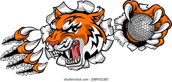 A tiger golf player cartoon animal sports mascot holding a ball in its claw