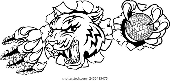 A tiger golf player cartoon animal sports mascot holding a ball in its claw