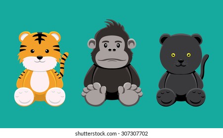 Tiger Gorilla Panther Doll Set Cartoon Vector Illustration