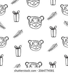 Tiger graphics drawn hand vector illustration seamless pattern 