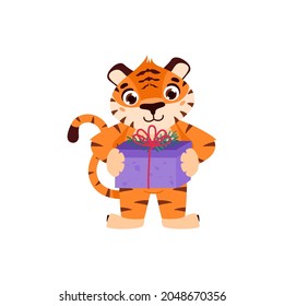Tiger with a great gift. The symbol of the Chinese New Year. Cartoon animal. Eastern calendar for 2022. Chinese horoscope. Vector illustration.