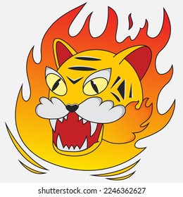 Tiger grin on fire, old school logo, idea for tattoo and print on t-shirt