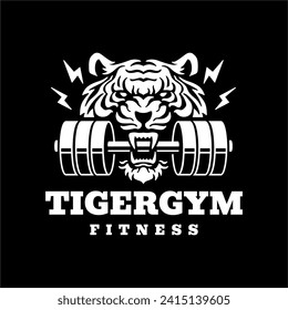 tiger gym fitness mouth dumbbell logo vector icon illustration