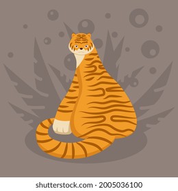 Tiger hand drawn vector illustration. Flat. Cartoon character with leafs of monstera. Wild rainforest animal poster. Floral background. Tropical jungle. 