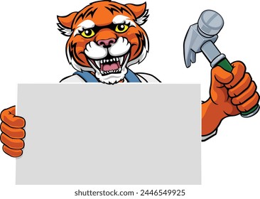 A tiger handyman or carpenter cartoon construction man mascot character holding a hammer tool