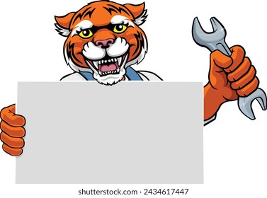 A tiger handyman, mechanic, plumber or other construction cartoon mascot man holding a wrench or spanner tool.