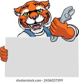 A tiger handyman, mechanic, plumber or other construction cartoon mascot man holding a wrench or spanner tool.