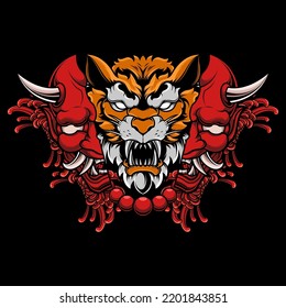 TIGER WITH HANNYA ONI MASK VECTOR ILLUSTRATION