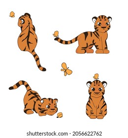 The tiger has four different poses. Vector cartoon drawing