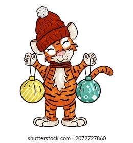 Tiger in hat with Christmas toys. Symbol of new year according to Chinese or Eastern calendar. Vector editable illustration, cartoon style