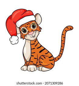 Tiger in hat and Santa costume . Symbol of new year according to Chinese or Eastern calendar. Vector editable illustration, cartoon style