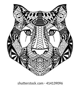 Tiger head. Adult antistress coloring page. Black white hand drawn doodle animal. Ethnic patterned vector. African, indian, totem tribal, zentangle design. Sketch for tattoo, poster, print, t-shirt