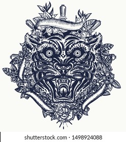 Tiger head. Aggressive wild cat. Tattoo and t-shirt design. Traditional tattooing, japan style 
