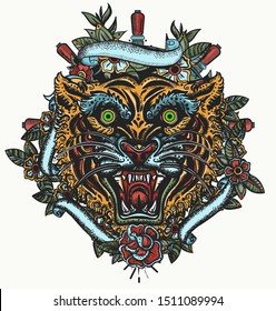 Tiger Head. Aggressive Wild Cat. Color Tattoo And T-shirt Design. Japan Style, Traditional Tattooing Art 