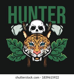 Cabeza de tigre con armas antiguas e ilustración del cráneo