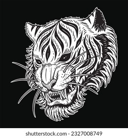 Tiger Head Angry Beast roaring fangs For Tattoo Clothing black and white Hand Drawn illustration