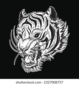 Tiger Head Angry Beast roaring fangs For Tattoo Clothing black and white Hand Drawn illustration