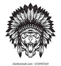 tiger head with apache traditional hat logo mascot design vector