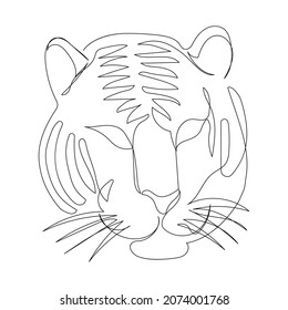 Tiger head, Bengal, Indo-Chinese, Malay one line art. Continuous line drawing of new year, holidays, christmas, traditional, wild cat, predator, jungle, zodiac.