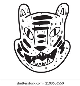 Tiger head in black and white line in doodle style. Animal in vector on isolated white background.
