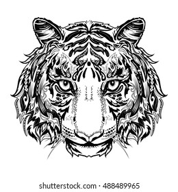 Tiger head black and white silhouette with ornament isolated on white. It can be used for printing on t-shirts or coloring books.
