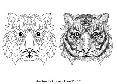 Tiger head. Black and white vector sketch of a tiger face with doodle ornament.
