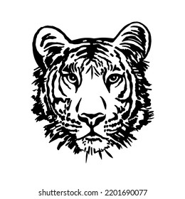 Tiger head black white vector hand drawn graphic isolated print for t-shirt, logo, label, tattoo, sticker, cover.