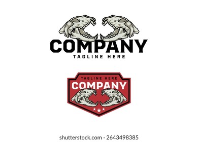 Tiger head bone with sharp fangs badge logo vector design set for wildlife, adventure, hunter. Wild tiger skull cranium vintage colorful illustration emblem logo collection